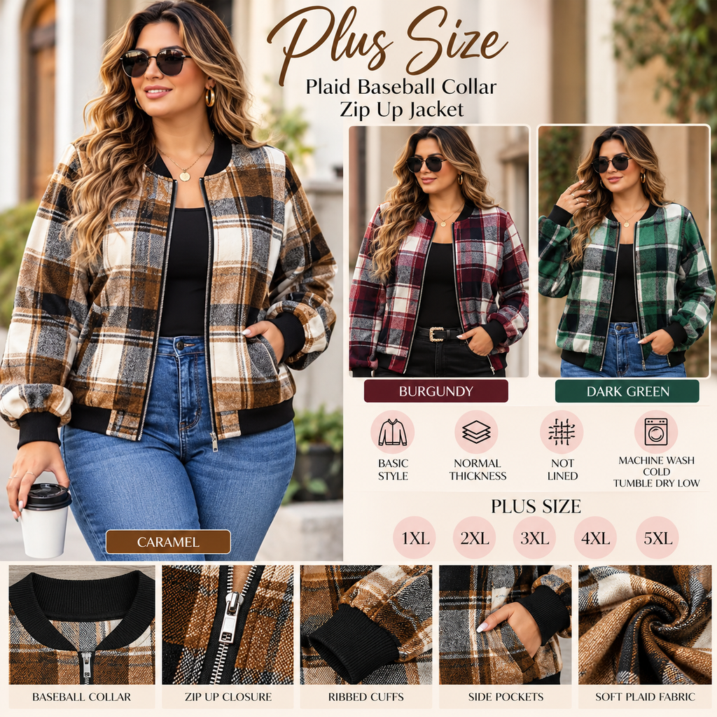 Women's Plus Size Plaid Bomber Jacket – Baseball Collar Zip-Up Casual Jacket