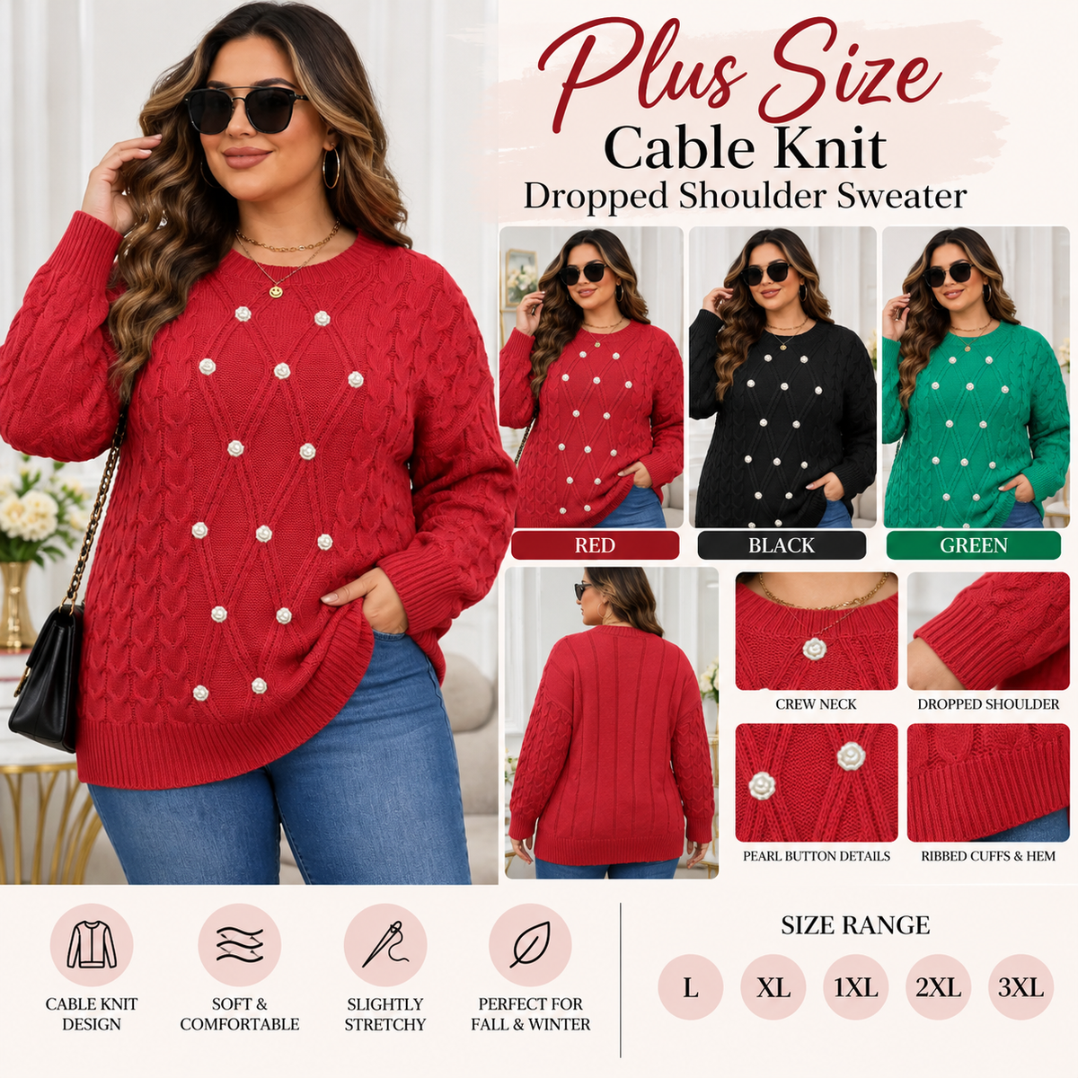 Women's Plus Size Cable Knit Sweater – Cozy Dropped Shoulder Long Sleeve Pullover