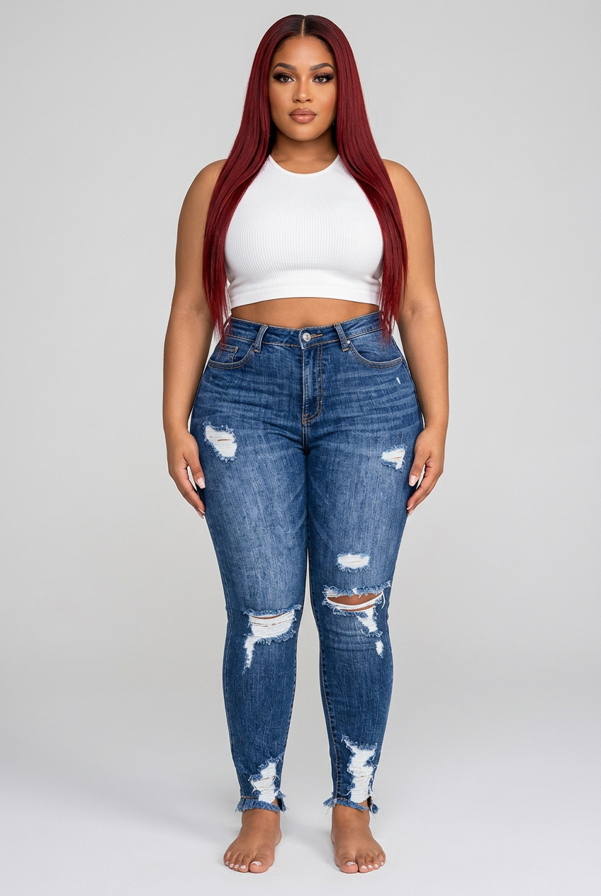 Plus Size High-Waisted Distressed Skinny Jeans – Ripped Denim with Raw Hem