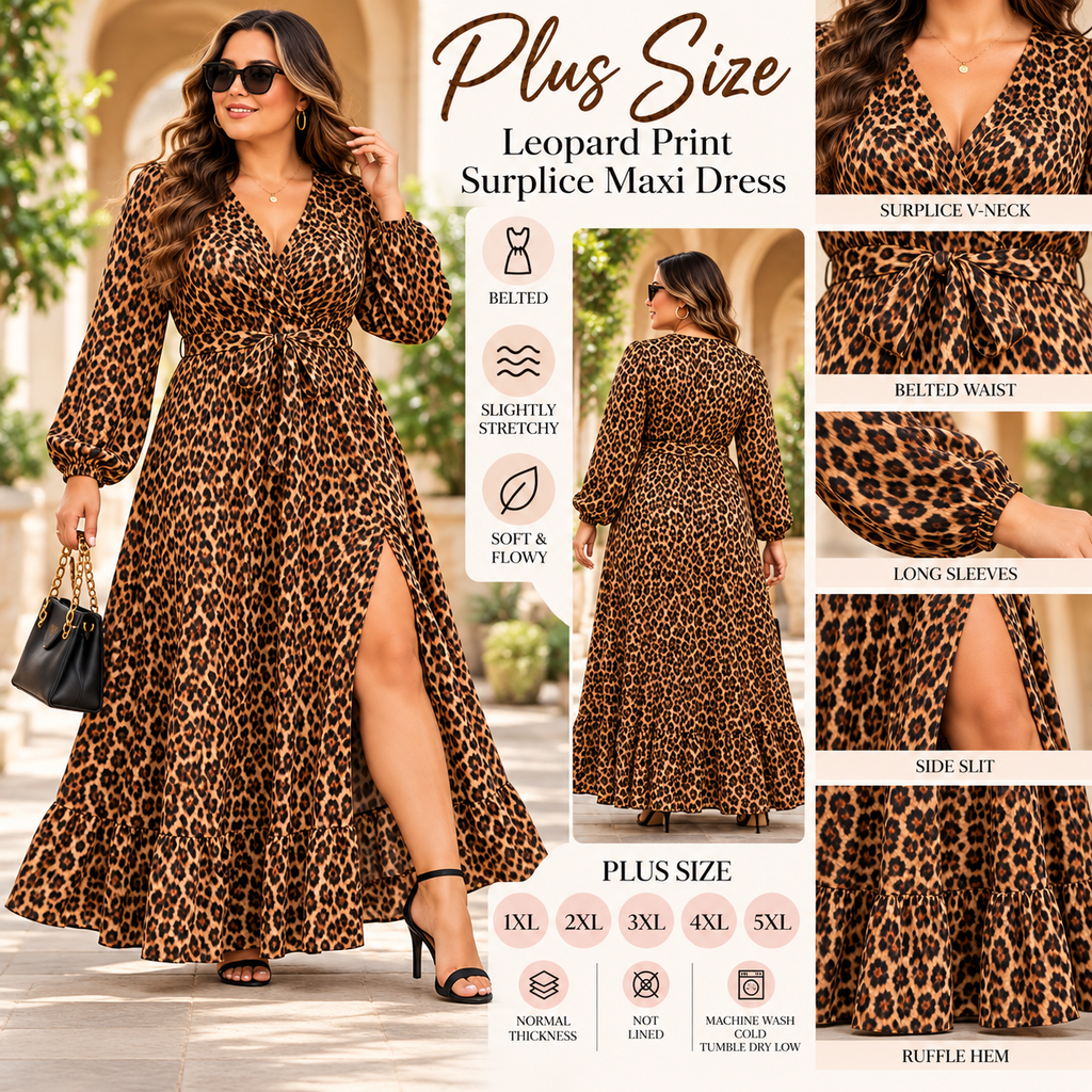 Women's Plus Size Leopard Print Maxi Dress – Surplice V-Neck Flowy Long Dress