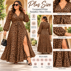 Women's Plus Size Leopard Print Maxi Dress – Surplice V-Neck Flowy Long Dress