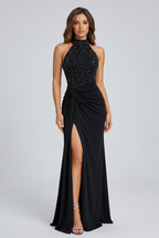 Women's black formal maxi dress collage highlighting the sparkling embellished bodice, halter neckline, ruched waist and thigh-high slit.