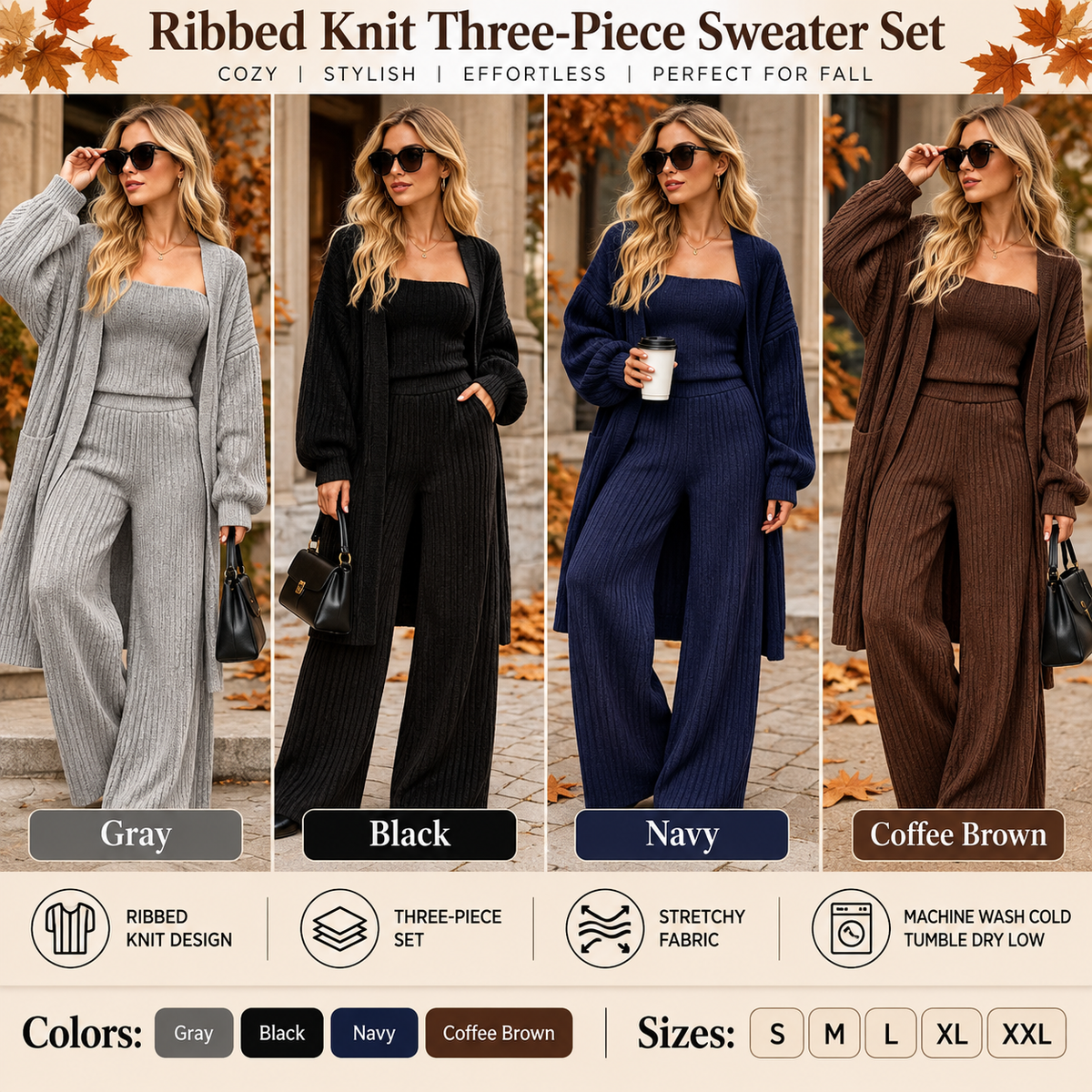 Women's three-piece ribbed knit sweater set collage featuring gray, black, navy and coffee brown with cardigan, tube top and wide-leg pants.