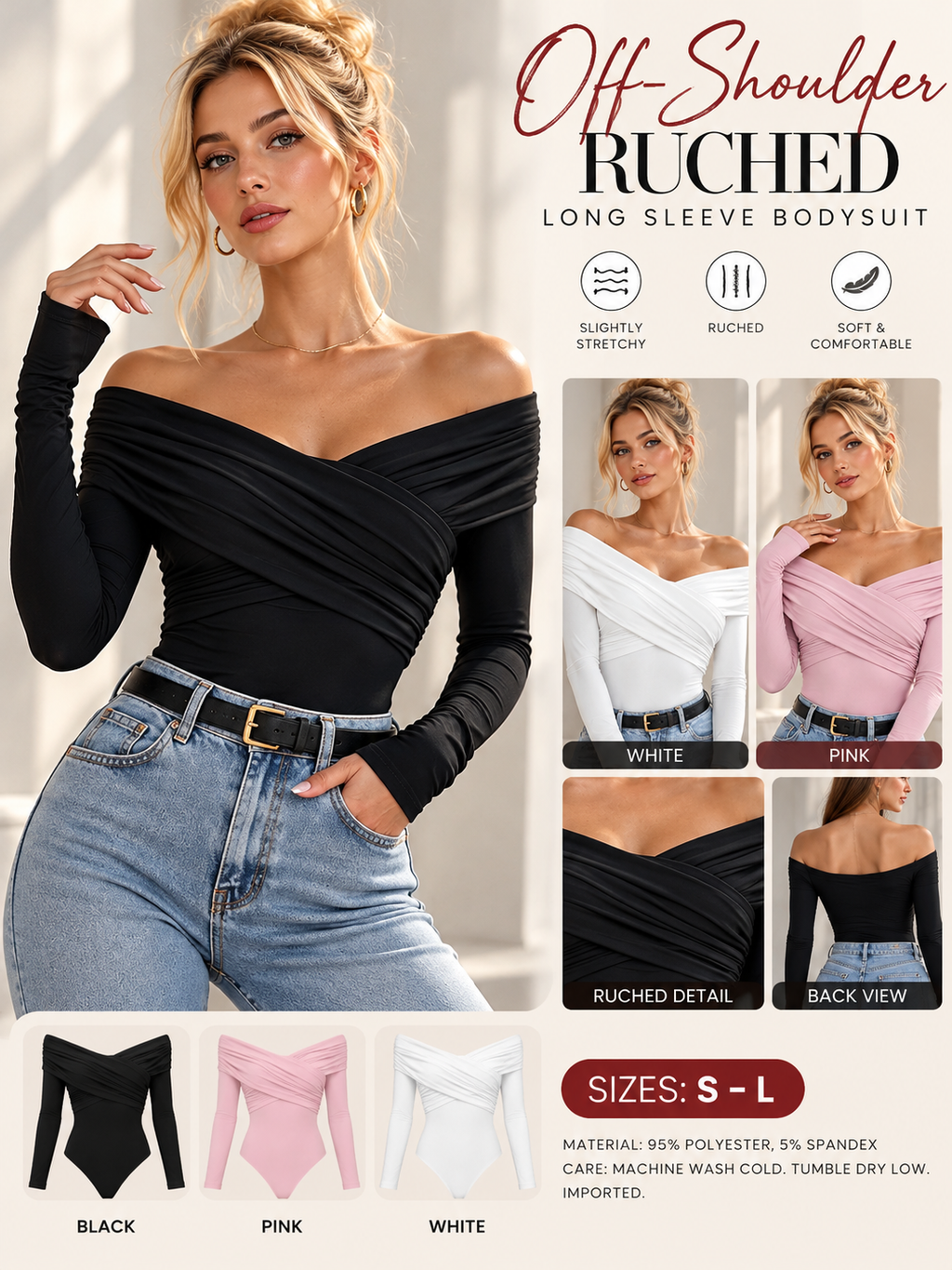 Off-Shoulder Ruched Long Sleeve Bodysuit Chic & Flattering