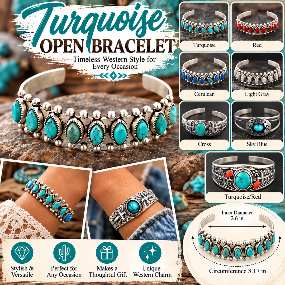 Western Boho Artificial Turquoise Open Cuff Bracelet