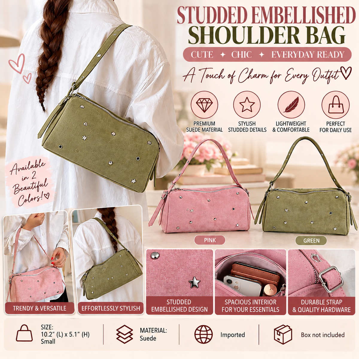 Chic Studded Suede Shoulder Bag