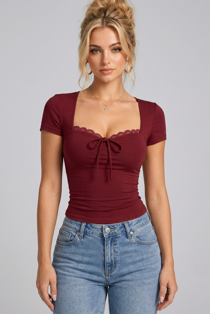 Sweetheart Neck Lace Trim Tie-Front T-Shirt