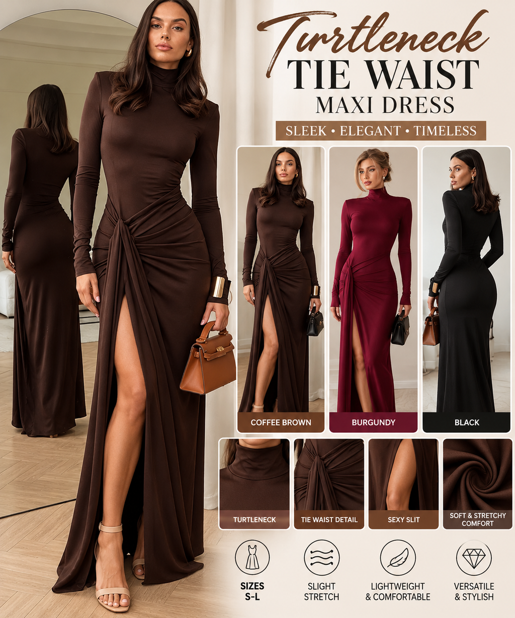 Women's turtleneck tie-waist maxi dress collage featuring coffee brown, black and burgundy colors, ruched waist and thigh-high slit.