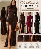 Women's turtleneck tie-waist maxi dress collage featuring coffee brown, black and burgundy colors, ruched waist and thigh-high slit.