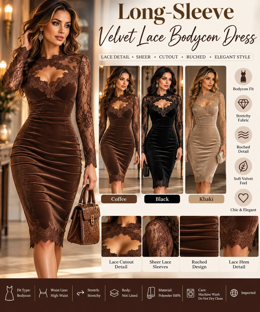 Women's velvet lace bodycon dress collage featuring coffee, black and khaki colors, sheer lace sleeves, ruched waist and cutout neckline.