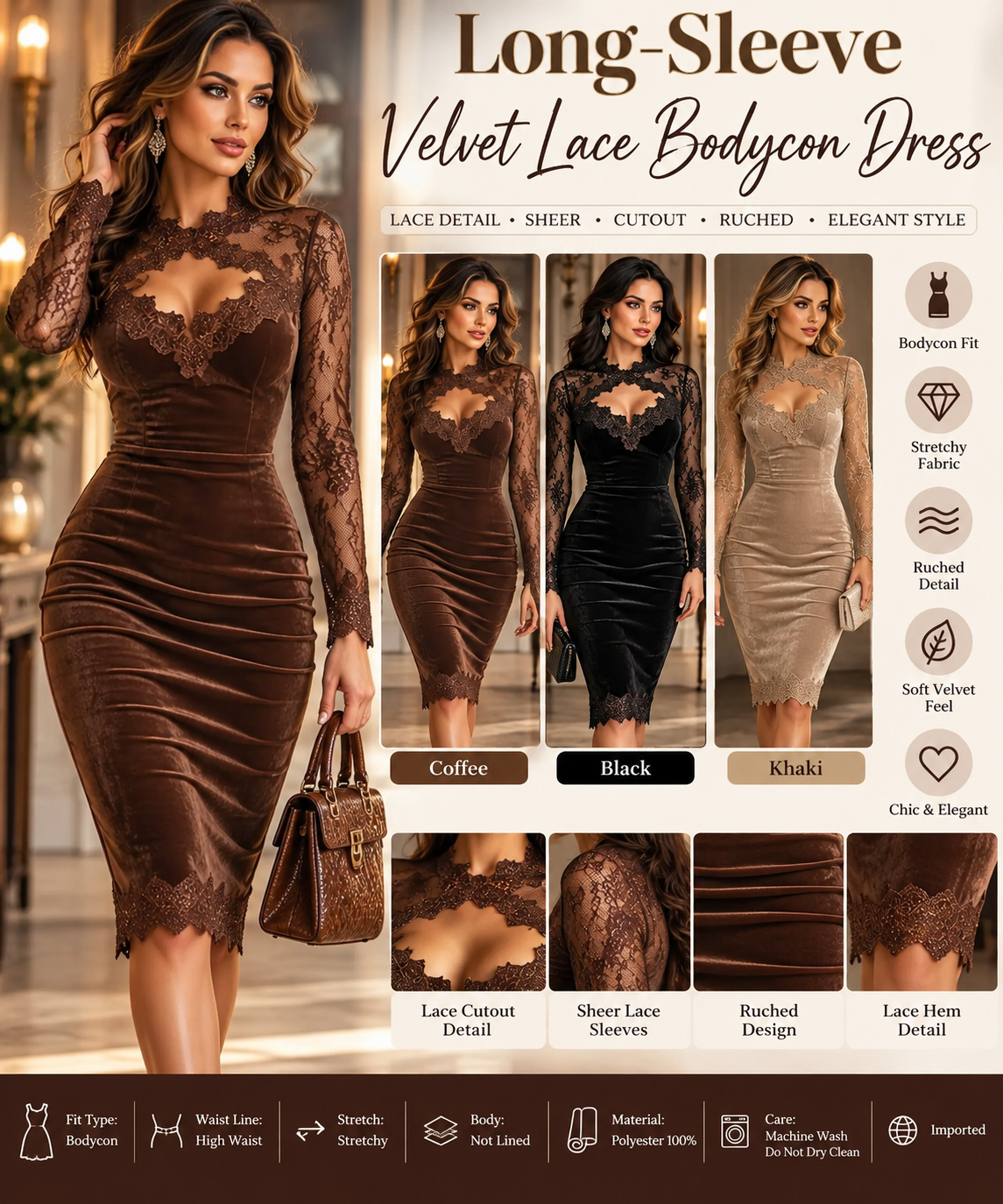 Women's velvet lace bodycon dress collage featuring coffee, black and khaki colors, sheer lace sleeves, ruched waist and cutout neckline.