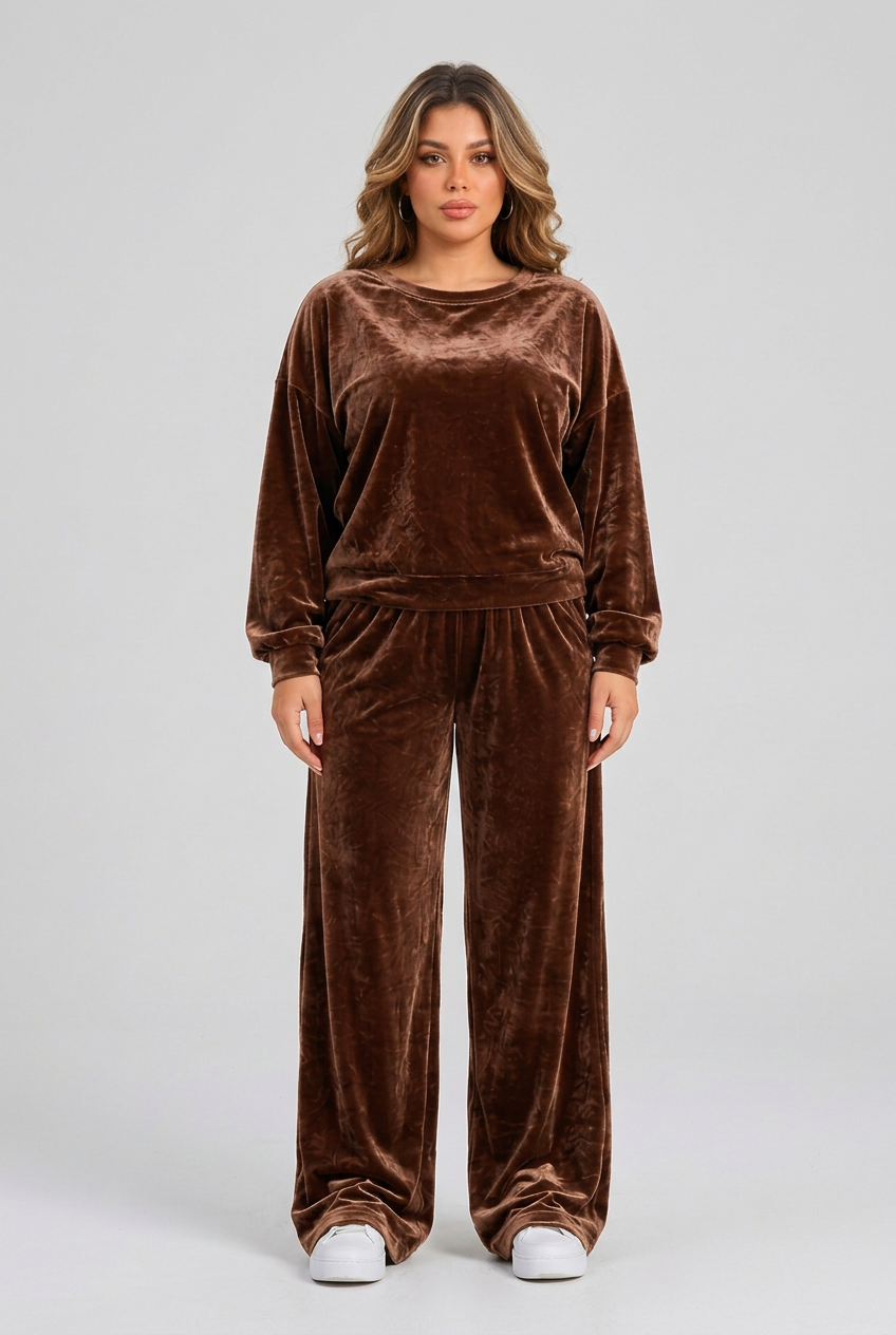 Women's velvet two-piece lounge set featuring a drop shoulder sweatshirt and wide-leg pants with pockets.