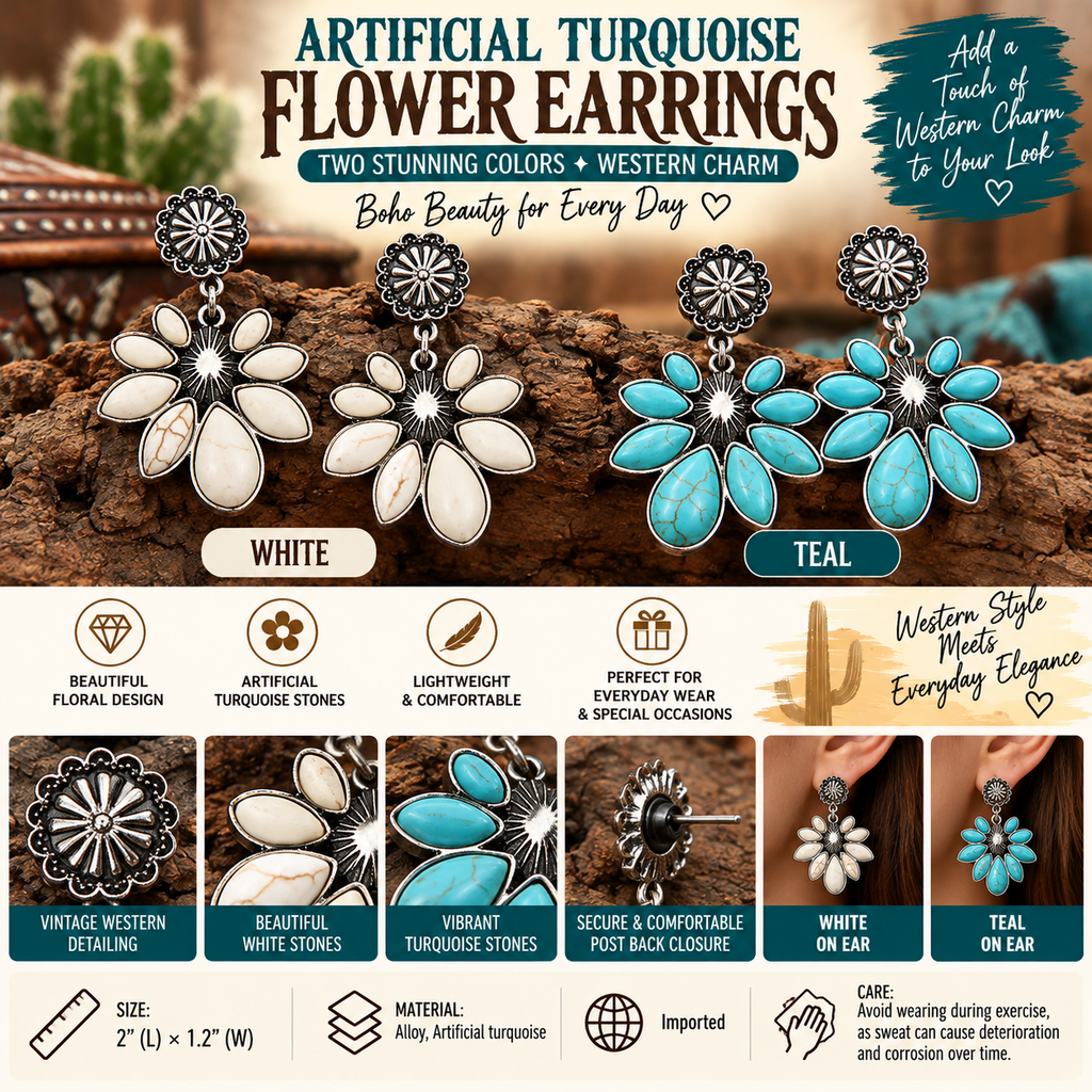 Western Charm Artificial Turquoise Flower Drop Earrings
