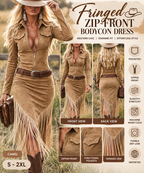 Women's camel Western fringe bodycon dress collage highlighting the zip-front neckline, fitted silhouette, pockets and long fringe accents.