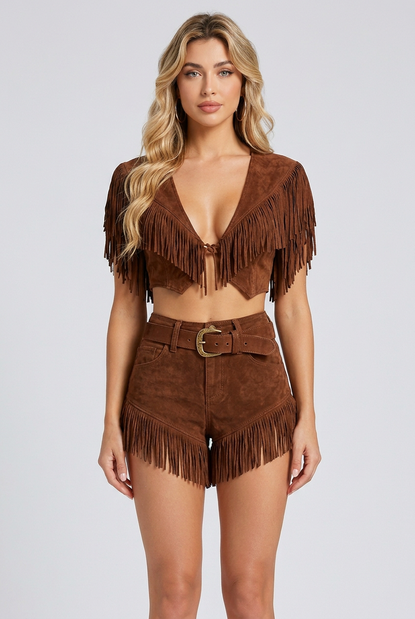 Women's brown Western fringe crop top and shorts set collage highlighting the tie-front neckline, shoulder fringe and fringed shorts hem.