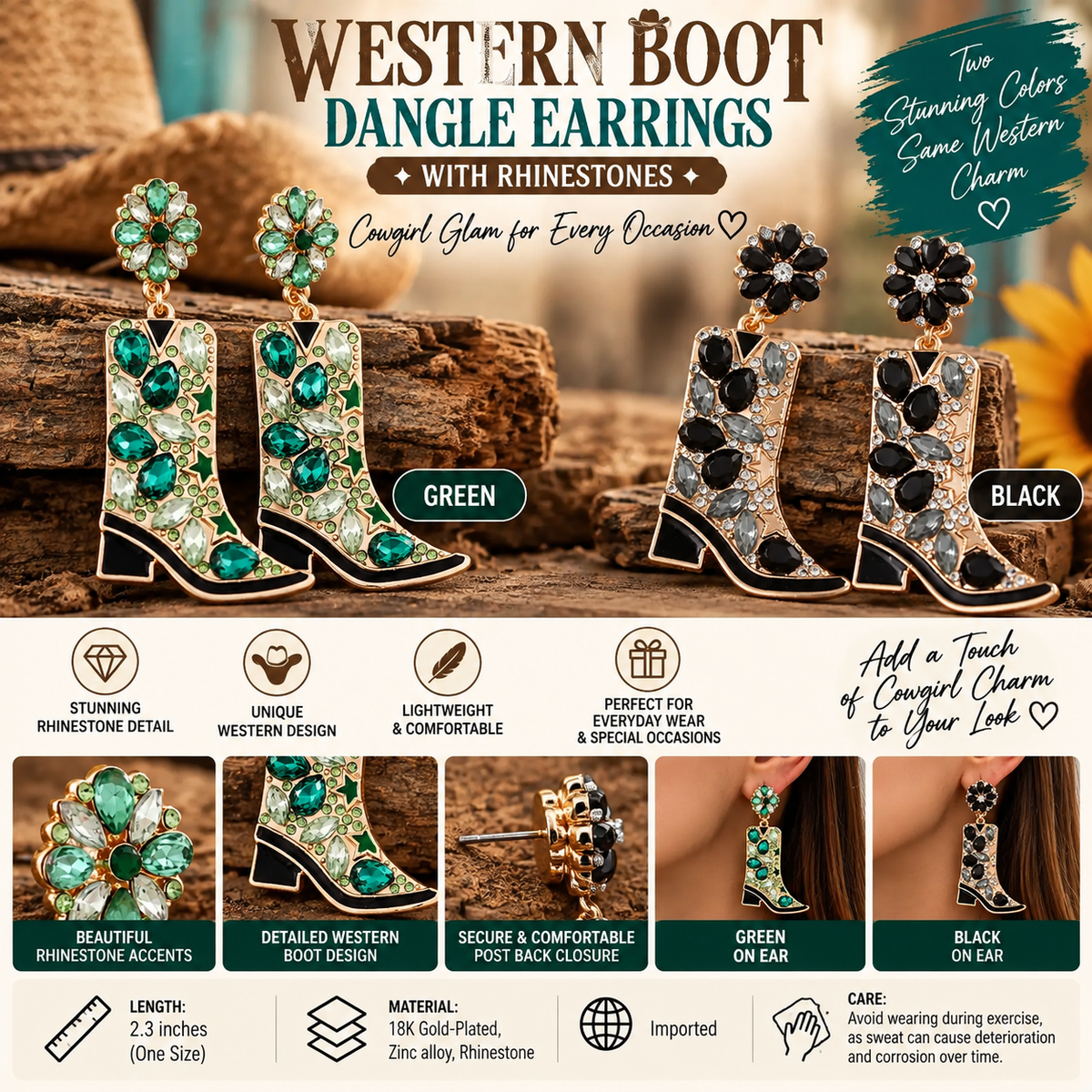 Western Boot Rhinestone Dangle Earrings Sparkling Cowgirl Glam