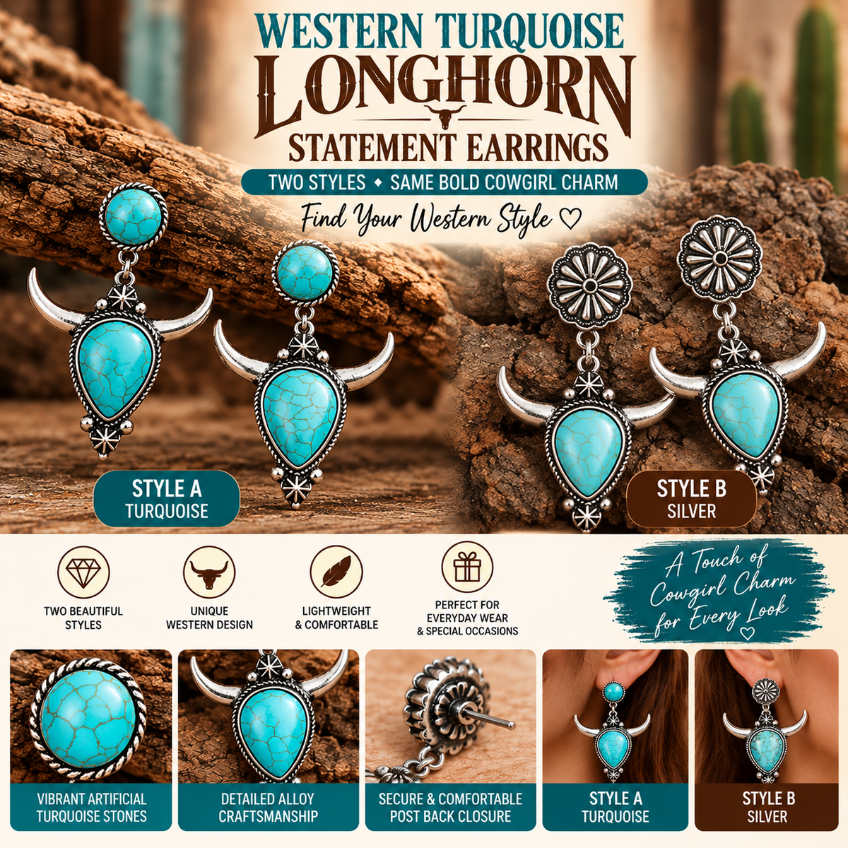 Western Turquoise Longhorn Statement Earrings – Vintage Cowgirl Jewelry