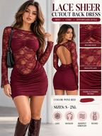Women's wine red lace ruched mini dress collage highlighting the sheer floral lace sleeves, cutout back and fitted bodycon silhouette.