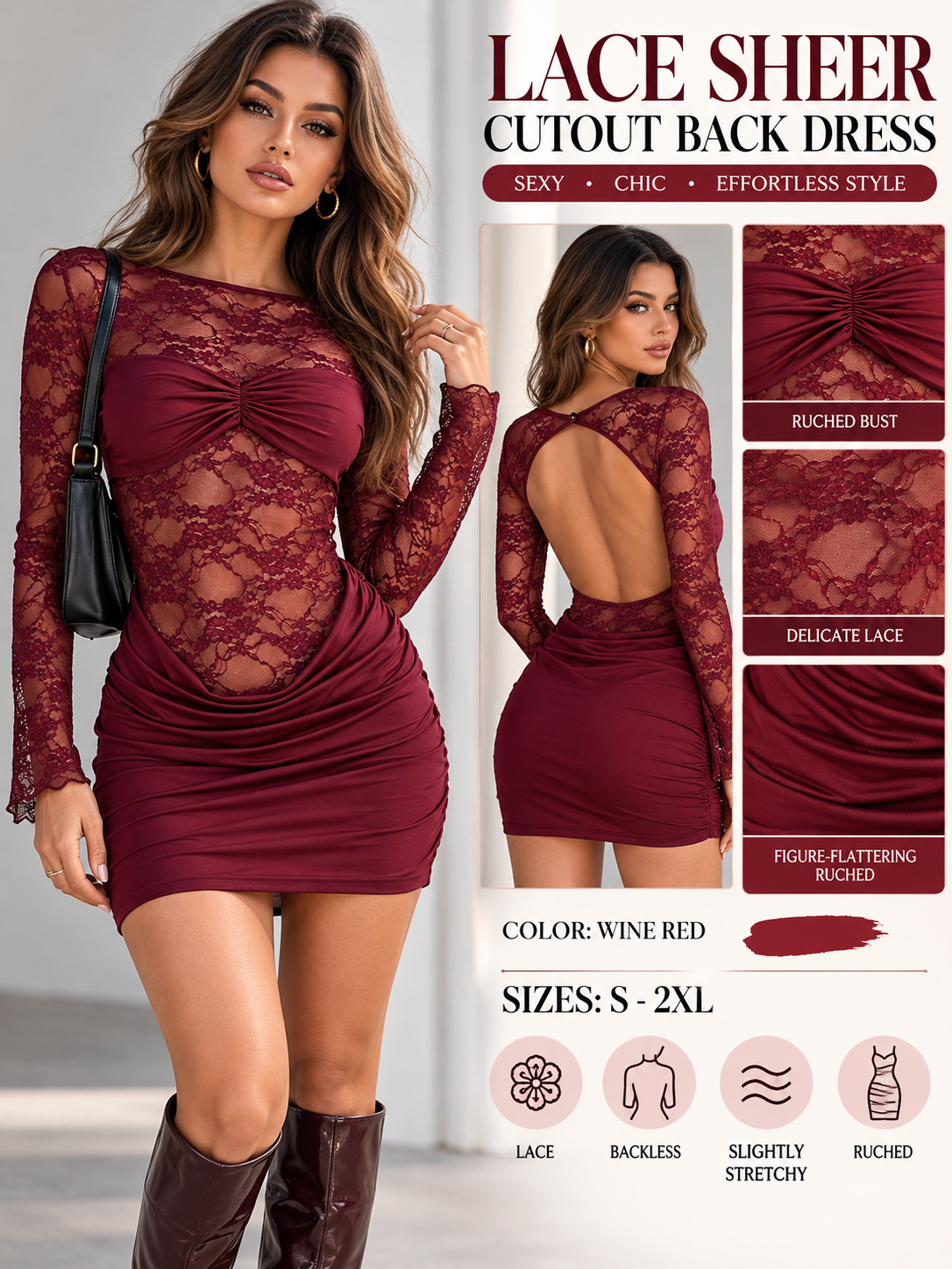 Women's wine red lace ruched mini dress collage highlighting the sheer floral lace sleeves, cutout back and fitted bodycon silhouette.