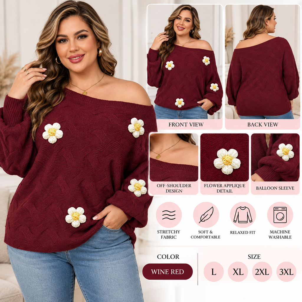 Women's Plus Size Off-Shoulder Floral Appliqué Knit Sweater – Long Sleeve Wine Red Top