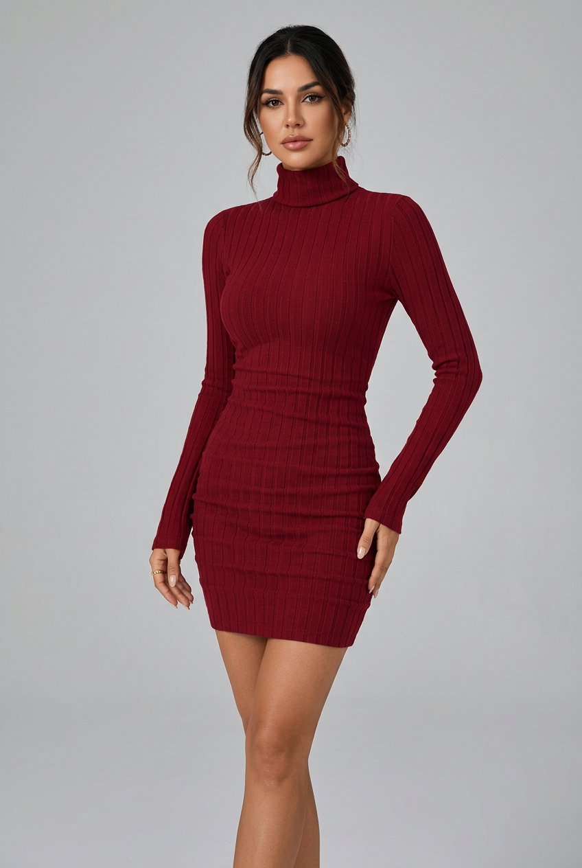 Women's ribbed turtleneck bodycon mini dress collage featuring wine red and black colors, long sleeves and fitted silhouette.
