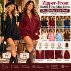 Women's zip-front ruffle hem mini dress collage featuring eight colors, long sleeves, ruffled cuffs and relaxed silhouette.