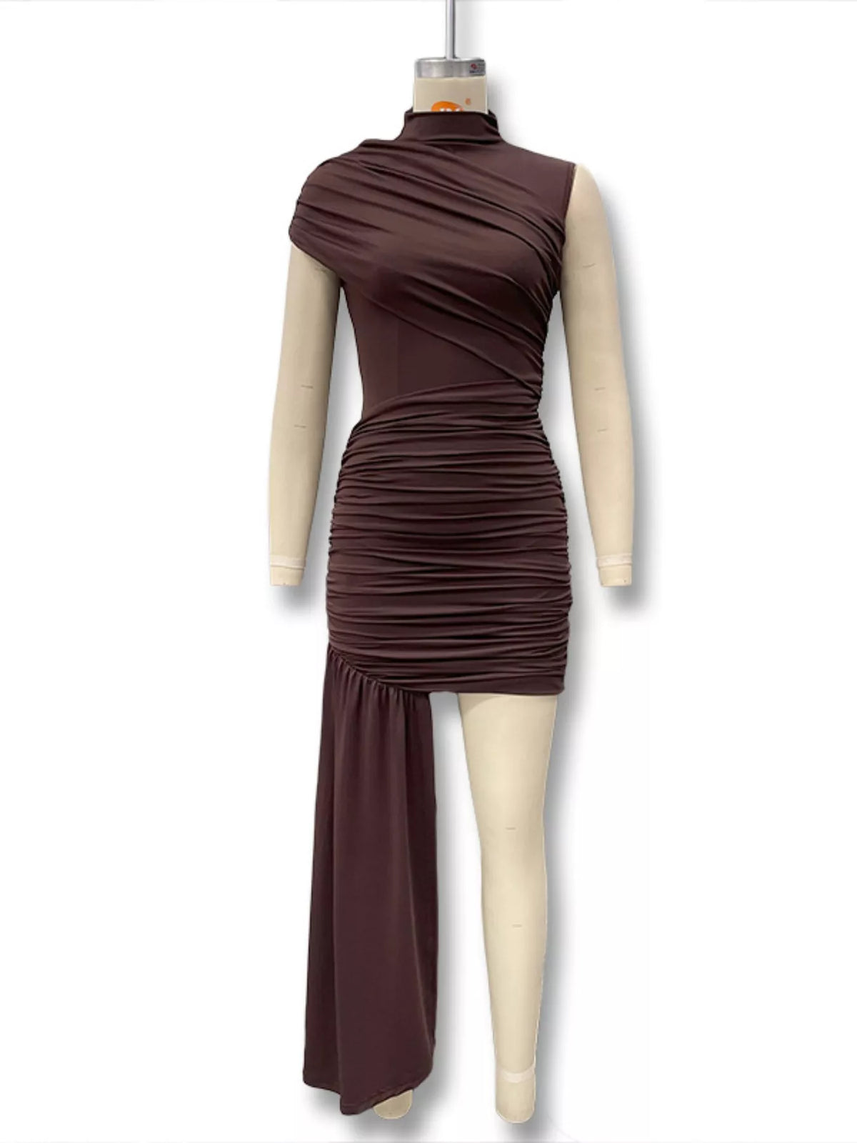 Women's dark brown ruched mini dress with asymmetrical shoulder design, mock neckline and cascading side drape.
