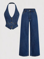 Women's two-piece denim set with deep V-neck halter vest, button-front detail, open back and matching wide-leg jeans.