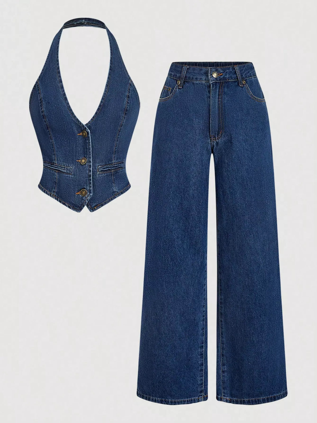 Women's two-piece denim set with deep V-neck halter vest, button-front detail, open back and matching wide-leg jeans.