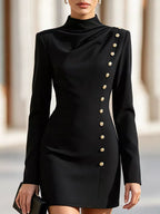 Women's long-sleeve mock neck bodycon mini dress with decorative gold-tone buttons down the front.
