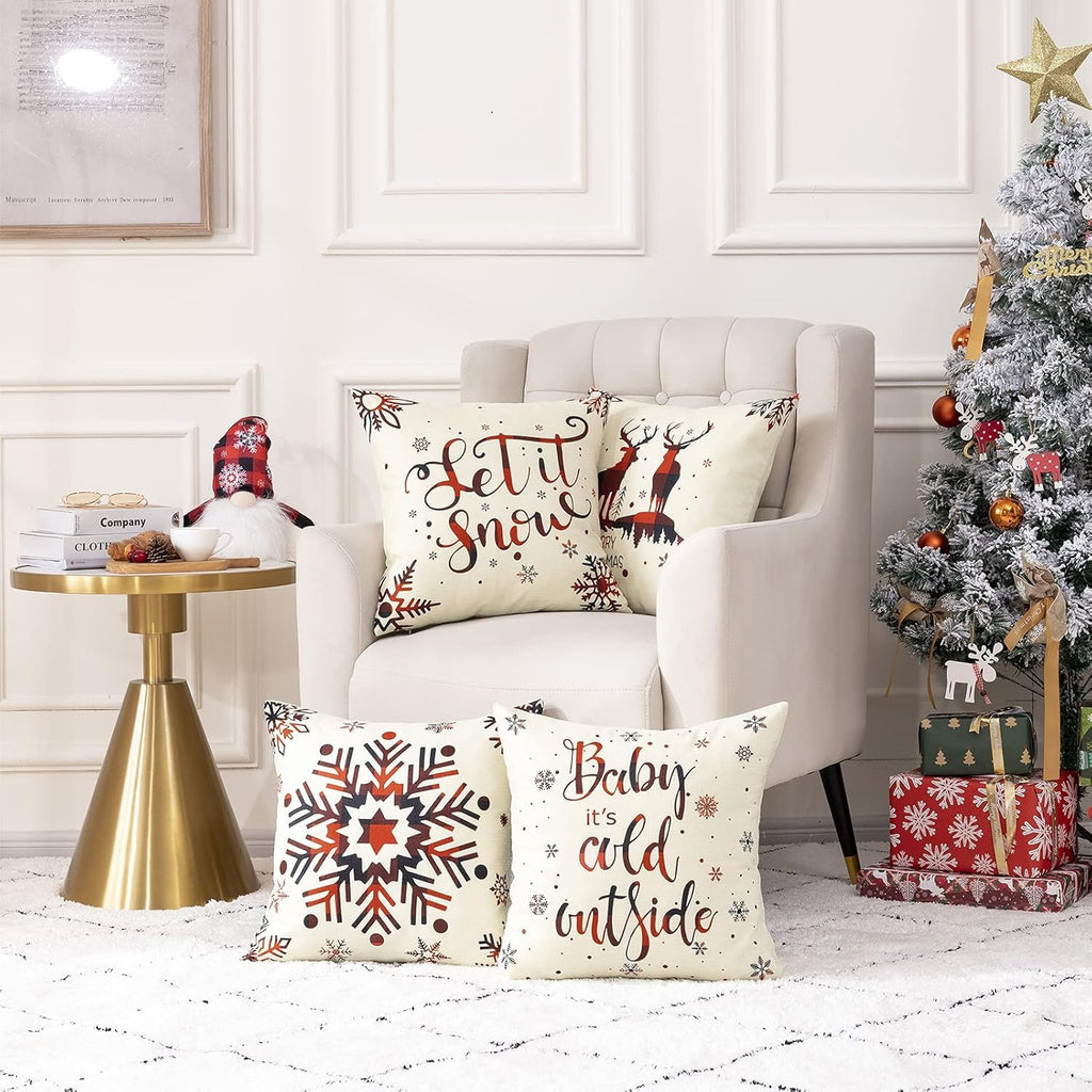 Cozy Christmas Charm™ 4-Pack Linen Pillow Covers – 18x18 Holiday Décor
