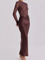 Women's elegant lace and satin maxi dress with sheer floral lace long sleeves, scalloped neckline and ruched waist.