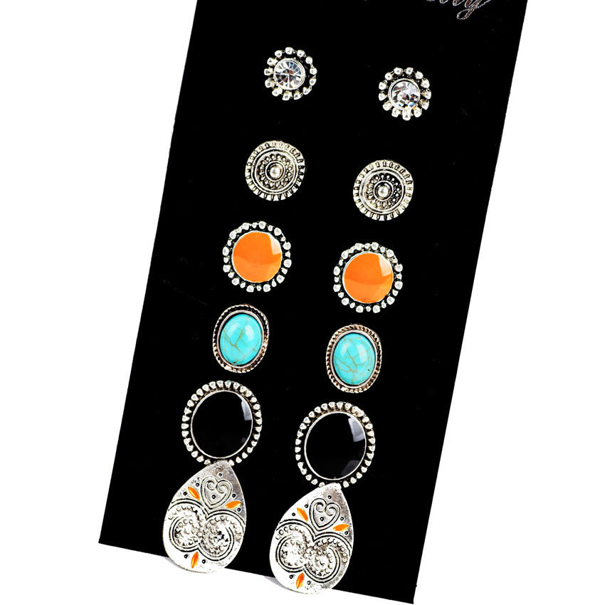 Boho Chic Vintage Gemstone Stud Earrings – 6-Pair Set | Trendy Everyday Jewelry for Women