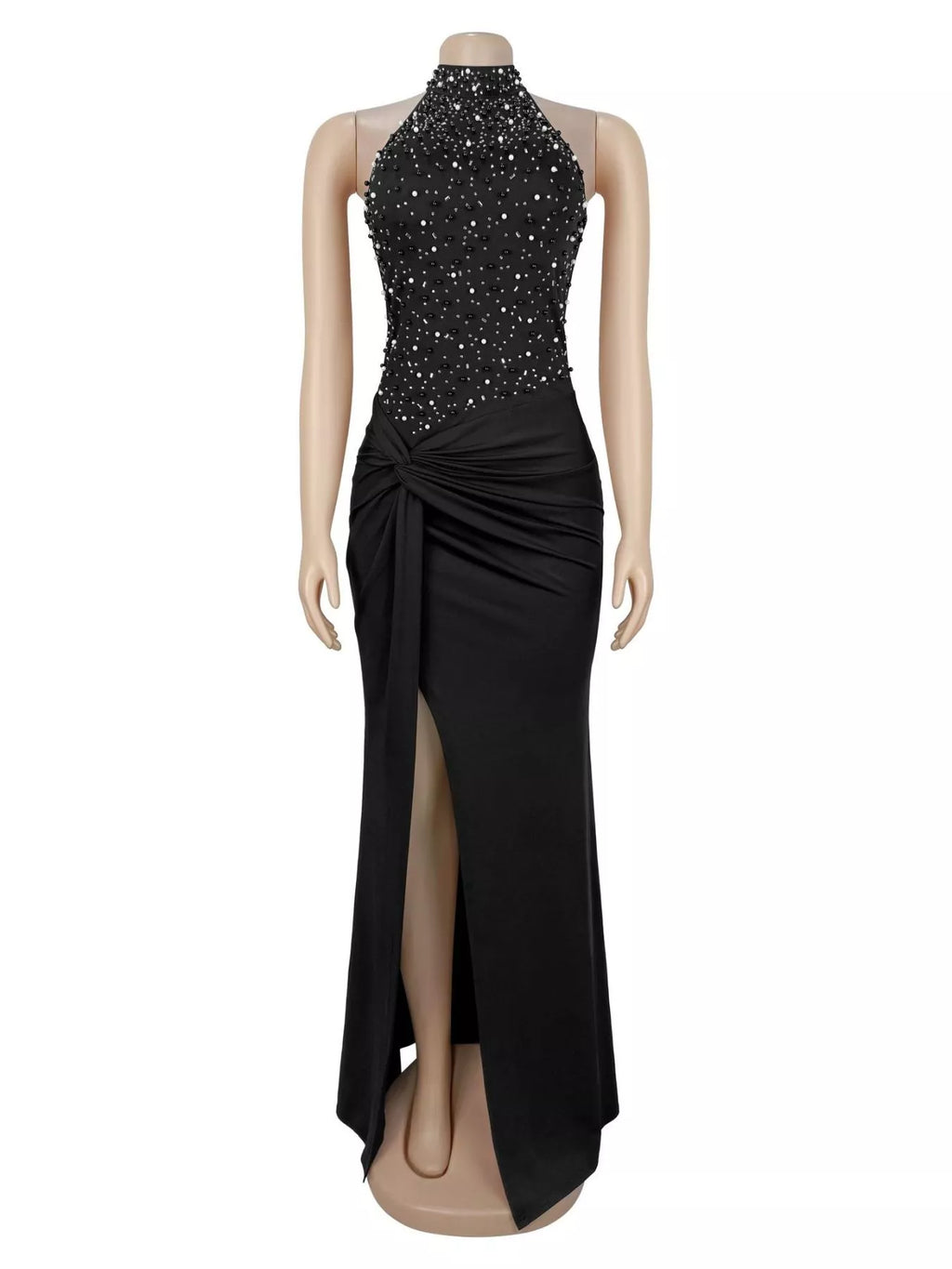 Women's black sleeveless maxi dress with sparkling embellished halter neckline, ruched waist and thigh-high slit.