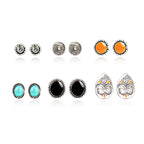 Boho Chic Vintage Gemstone Stud Earrings – 6-Pair Set | Trendy Everyday Jewelry for Women