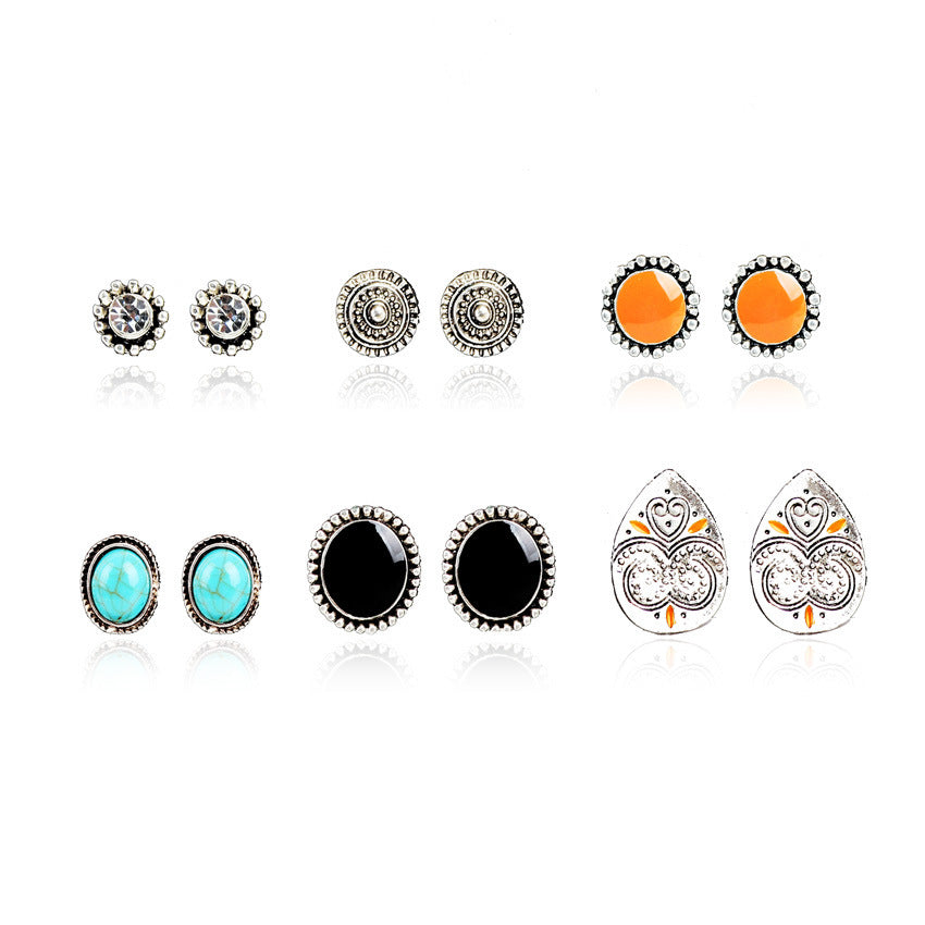 Boho Chic Vintage Gemstone Stud Earrings – 6-Pair Set | Trendy Everyday Jewelry for Women