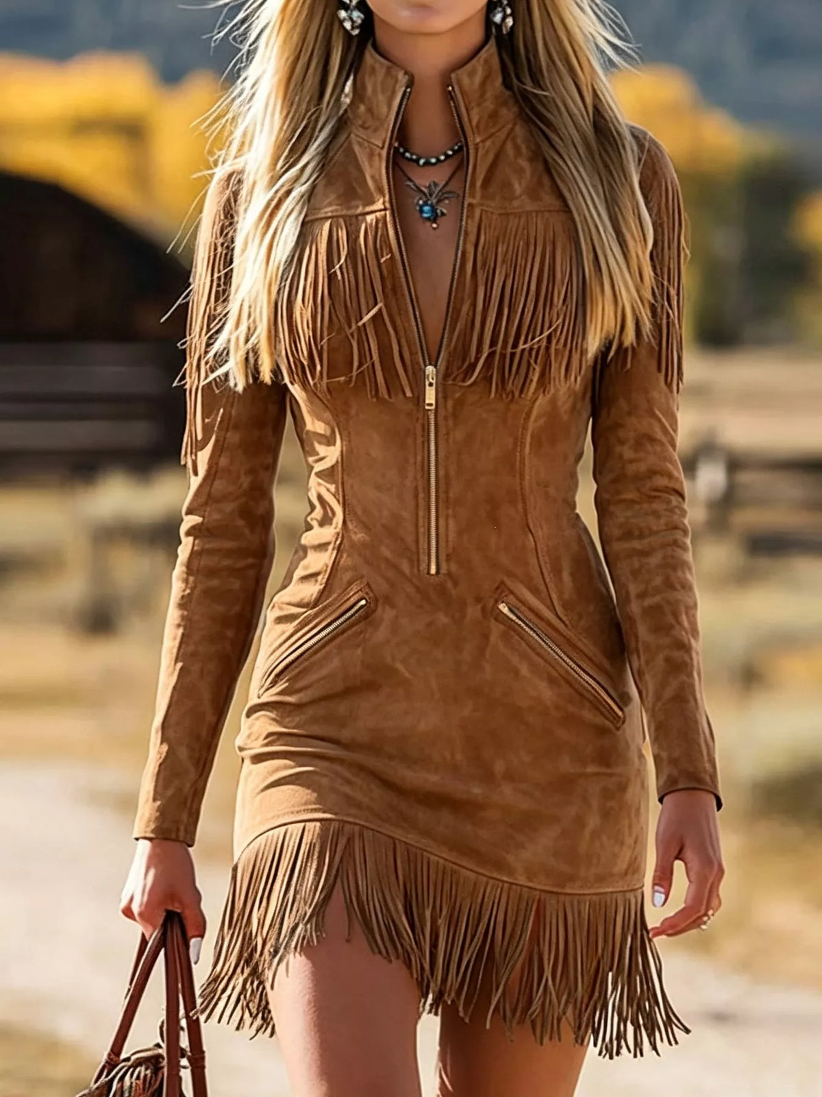 Women's Western zip-front mini dress with long sleeves, fringe tassels along shoulders and hem, and pocket details.
