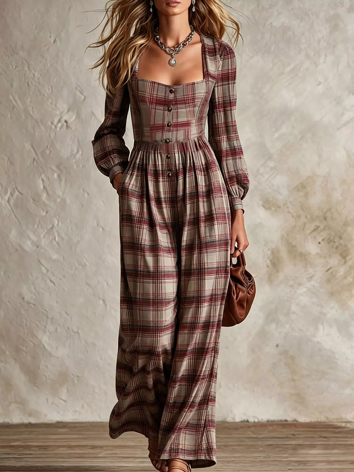Women's plaid square-neck long-sleeve jumpsuit with button-front details, wide-leg pants and side pockets.